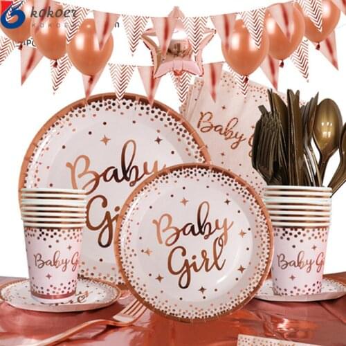 Birthday Party Bronzing Paper Plate Cup napkins Stripe Straw Baby Girl Disposable TablewareTablecloth Baby Shower Party Decorate
