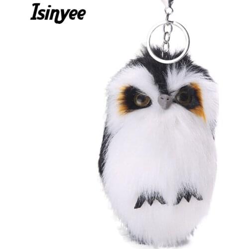 ISINYEE Cute Fluffy Owl KeyChains For Women Pluff Toy Doll Bag Car Key Ring Handmade Faux Bunny Rabbit Fur Pompoms Keychain