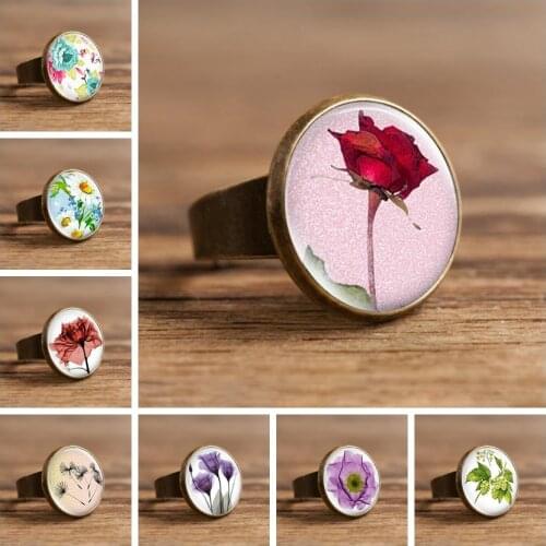 Gothic Colorful Flowers Narcissus Tulip Poppy Glass Cabochon Rings Resizable Jewelry Handmade Round Rings Jewelry Accessories