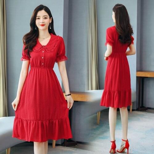 Fashion Chiffon Lotus Leaf Button Short Sleeve Long A-line Simple Plus Size Loose Summer Women Dresses Vestidos Sukienki