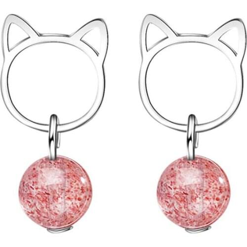 KOFSAC Trendy 925 Silver Earrings For Women Wedding Jewelry Sweet Cute Cat Pink Crystal Stud Earring Female Valentines Day Gift