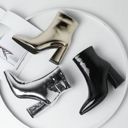 Fashion Gold Silver Black Women Shoes European and American Style Sexy Nude Boots Thick Heel Zipper Ladies Boots Bright Leathe