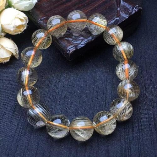 Natural Yellow Hair Titanium Rutilated Quartz Crystal Round Beads Bracelet For Women Stretch Charm Bracelet