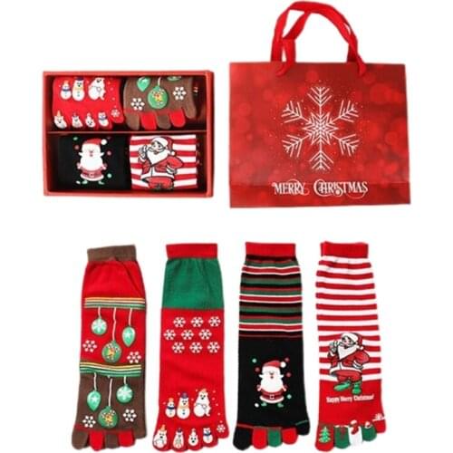 4 Pairs Christmas Five Toes Crew Socks Cartoon Snowman Santa Print Stretchy Warm Holiday Cotton Stockings with Gift Box