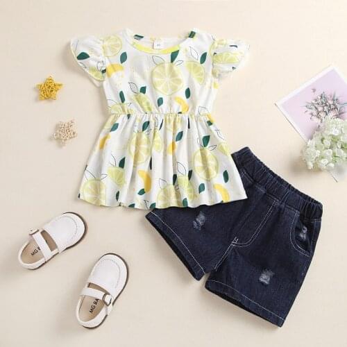 1-6Y Toddler Kids Baby Girl Lemon Print T-shirt Tops Denim Shorts Jeans 2PCS Outfits Summer Clothes Set