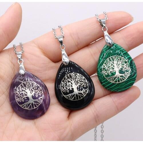 Natural Stone 7 Chakras Necklaces for Women Stainless Steel Chain Amethysts Malachite Pendant Choker Necklace Fashion Jewelry