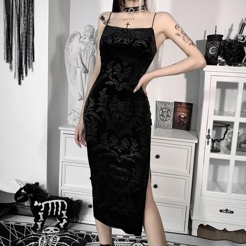 Sexy Black FlowerJacquard Spaghetti StrapS Bodycon Maxi Dress Summer Women Side High Split Party Gothic Street Outfits