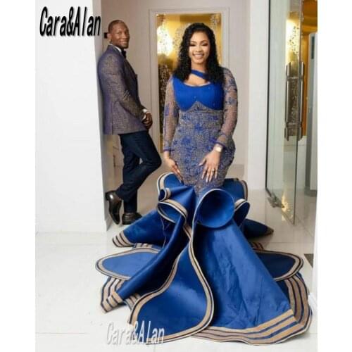 Vestido de fiesta de African Evening Dress Long Sleeve Beaded Aso Ebi Mermaid Prom Dresses Plus Size Party Second Reception Gown