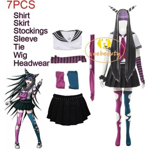 7PCS Ibuki Mioda Cosplay Custome Dangan Ronpa 2 Goodbye Despair Shirt Dress Long Wig School Girl JK Uniform Skirt Set Halloween