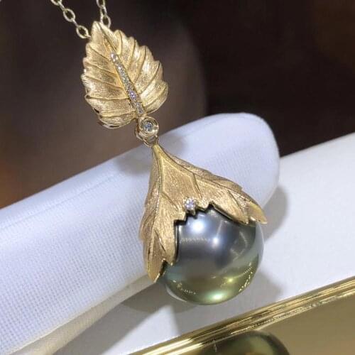D524 Pearl Pendant Fine Jewelry Solid 18k Gold Diamonds Round 13-14mm Nature Sea Water Tahiti Black Pearls Pendants Necklaces