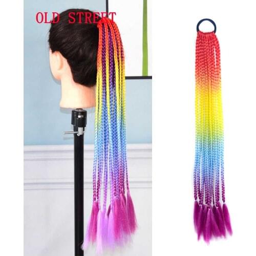 Synthetic Straight Ponytail Box Braid WIth Elastic Band Hair Extensions For Crochet Braiding Ombre Rainbow Colored Pony Tail