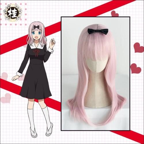 UWOWO Kagura-sama: Love is War Fujiwara Chika Cosplay Wig Blunt Bangs Wavy Light pink Matte Synthetic Heat Resistant
