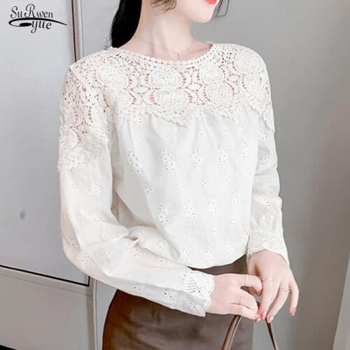 Spring Elegant O-Neck Tops Women Causal Hollow Out Long Sleeve Blusa OL Vintage Embroidery Lace Patchwork Blouse Shirts 13209