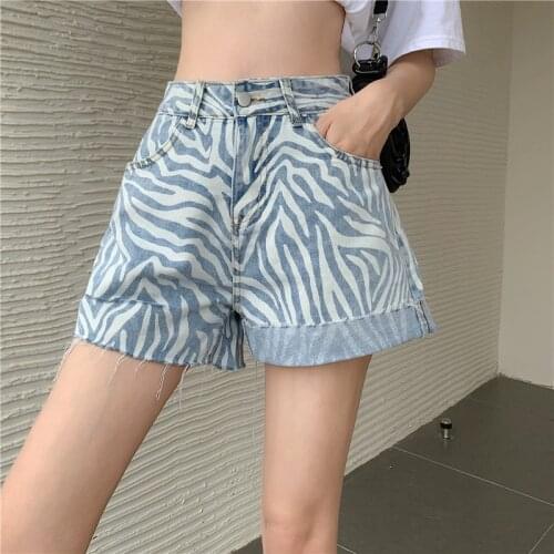 Zebra Printed Denim Shorts Women High Waist Pockets Tassel Curl Jeans Shorts Y2K Korean Style Animal Short Pants Female 3312