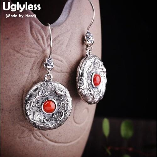 Uglyless Vintage Totem Patterns Ethnic Dangle Earrings for Women Hollow Round Earrings Real 925 Silver Agate Lapis Bricnos E1640