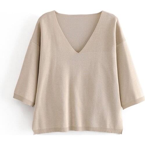 ZA same style womens V-neck sweater short-sleeved loose bottoming shirt womens asymmetrical hem side slit solid color sweater