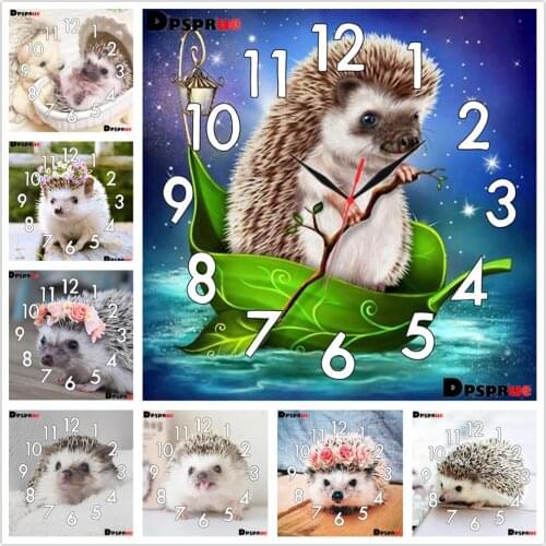 Dpsprue Full Diamond Painting Cross Stitch With Clock Mechanism Mosaic 5D Diy Square Round Animal Hedgehog 3d Embroidery Gift