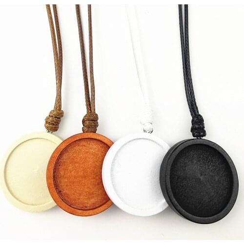 Jiangzimei 24pcs Black, Brown, White,Log 25mm Blank Wood Cabochon pendant with Wax Rope DIY Necklace Making Jewelry Wholesale