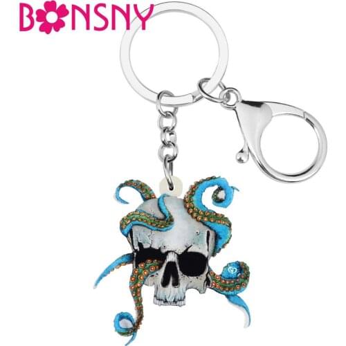 Bonsny Acrylic Halloween Octopus Skull Skeleton Keychains Key Ring Gift For Women Handbag Purse Pendant Trendy Accessory Jewelry