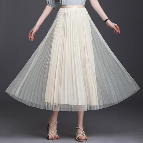 Summer Elegant Fashion Long Mesh Pleated Skirt for Women High Waist Korean Style Both Side Loose Big Swing Casual Skirts 1805