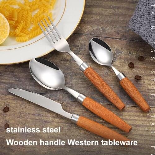 Creative Stainless Steel Knife Fork Spoon Wooden Handle Heat Insulation Anti Scalding Japanese Beech Set Tableware For Home