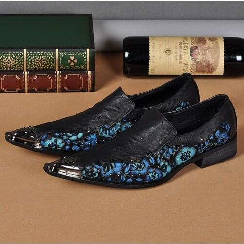 New Men Flower Print Rivet Metal Pointed Toe Casual Shoes Formal Elegant Party Men Shoes