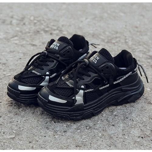 2020 Autumn New All Black Sports Shoes Womens Wild Street Shooting Students Casual Thick-soled Old Shoes Ins Trendy Shoes