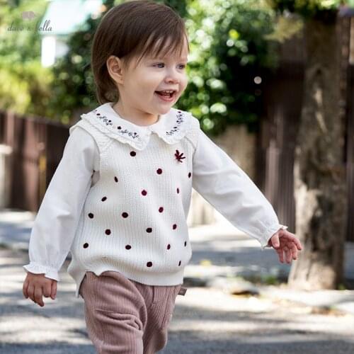 DB18891 dave bella autumn baby girls cute bow dots knitted coat children fashion sleeveless vest