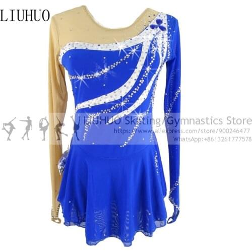 Figure Skating Dress Girls Competition blue Quality Crystals Ballet Rhythmic Leotards Teens Skating dress Women Swimwear Skirt