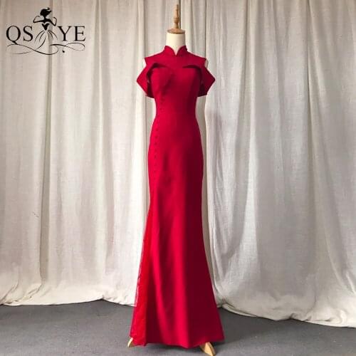 QSYYE Red Long Evening Dress High Neck Buttons Prom Gown Elegant Party Dress Side Sleeves Elastic Formal Dress