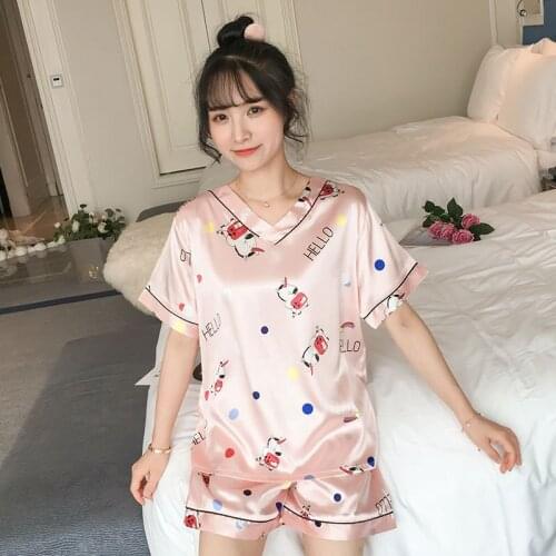 Pink Pajamas Two Pieces Printed V Neck Short Sleeves Shorts Summer Nightwear Sleep Cloth Silk Material In Stock NW52