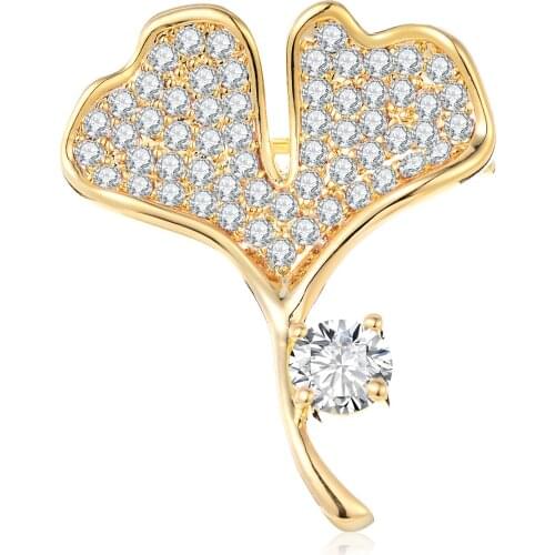 Cute White Pink Zircon Ginkgo Biloba Brooches For Women New Copper Brooch Pins Fashion Clothing Jewelry accesorios mujer