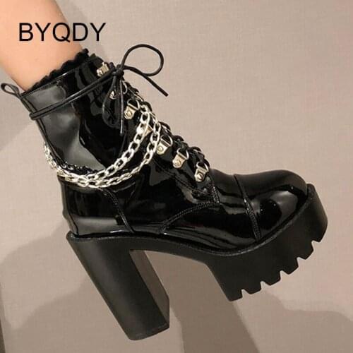 BYQDY 2021 Autumn Patent Leather Female Ankle Boots Metal Chains Punk Style Women Short Boots Thick High Heeled Ladies Shoes