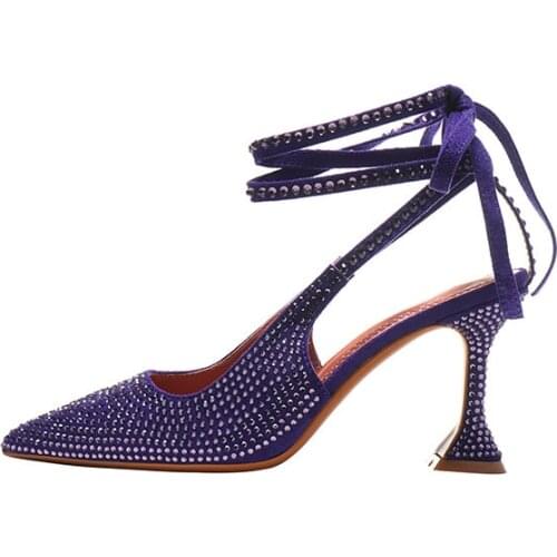 2021 Sexy Pointed Toe Purple Lace Up Ladies Spikle Heels Pumps Sandals Shoes Plus Size 34-42 Women High Heels Sandals Shoes