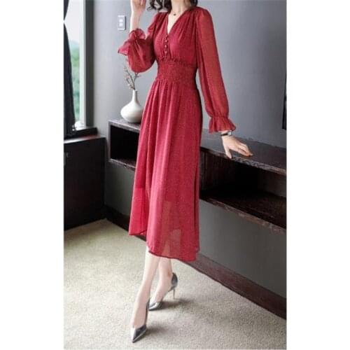 3XL Plus Size V Neck chiffon dresses 2020 spring new large size women print vintange Long sleeve Loose dress