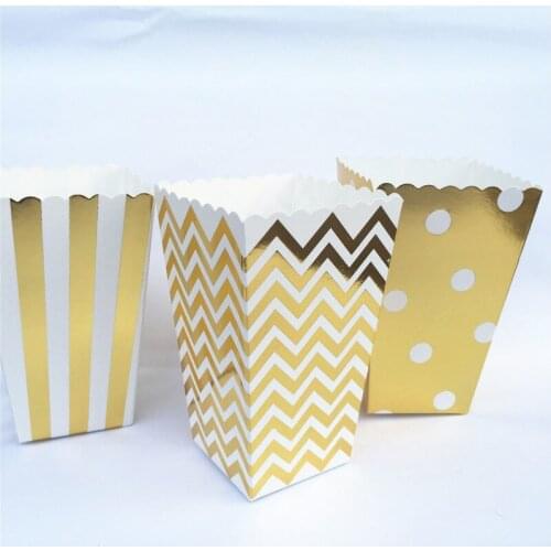 12pcs/lot Metalic Gold Chevron Paper Popcorn Boxes Pop Corn Favor Bags for Candy Snack Wedding Birthday Party Tableware Supplies