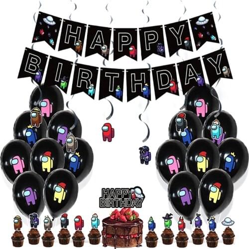 36Pcs/set Game Theme Party Decoration AmongUs Happy Birthday Banners Latex Balloons Cake Toppers Baby Shower Kids Party Supplies