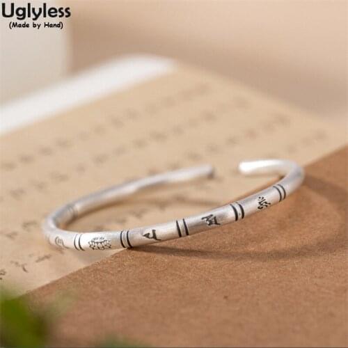 Uglyless 4MM Real 999 Pure Silver Bamboo Joints Bangles for Women Buddhism 6-word Mantra Bangles Religious Gifts Jewelry Lotus