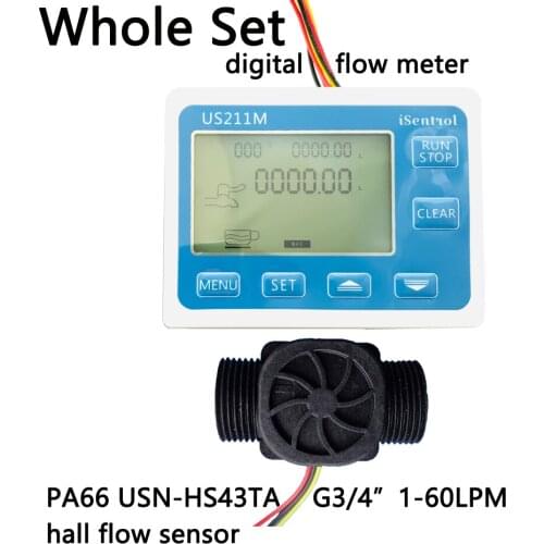 US211M Digital Flow Meter and USN-HS43TA G3/4" Totalizer Flow Measurement with Nylon Water Flow Sensor Turbine Flowmeter iSentro
