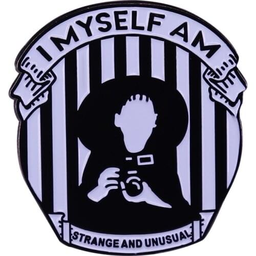 Lydia Deetz "I Myself Am Strange And Unusual" Enamel Pin Black White Silhouette Design Movie Quote Brooch Hallowee Goth Art Deco