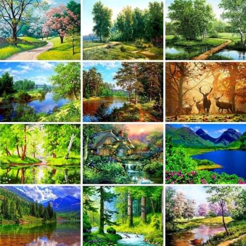 GATYZTORY 5D Diamond Painting Landscape Tree Lake View Square/Round Embroidery Cross Stitch Kit Painting Mosaic DIY Home Decorat
