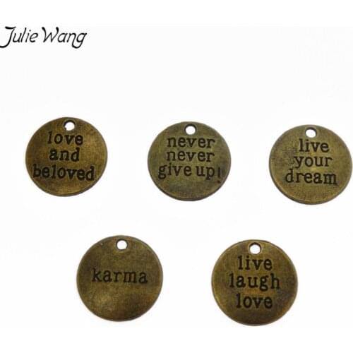 Julie Wang 5pcs Bronze Tone Round Mini Pendant Inspiring Word Charm for Handmade Statement Bracelet Necklace Jewelry Accessory