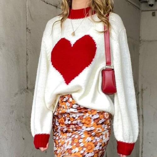 Fashion Sweater Loose Heart Pattern Knitted Sweaters Y2k Women Pullover Tops 2021 New Winter Long Sleeve Sweet Sweater Jumper