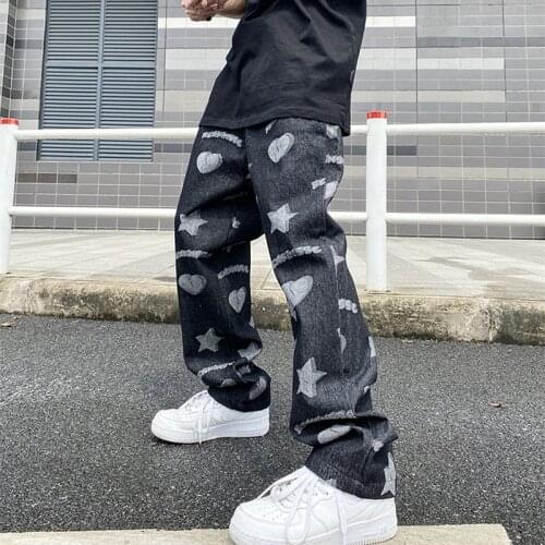 Love Five Stars Pattern Retro Casual Mens Jeans Pants High Street Oversize Spliced Ripped Straight Couple Denim Trousers