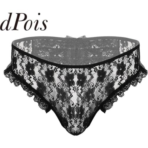 Mens Male Sheer Floral Lace Sissy Lingerie Low Rise Crotchless Hommes Panties Elastic Waistband Lace G-string Briefs Underwear