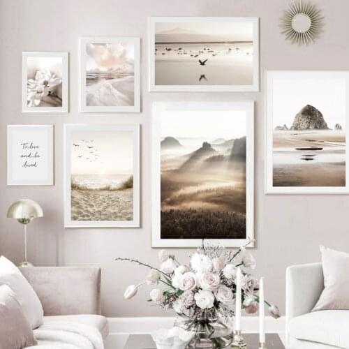 Mountain Fog Forest Sea Crane Beige Grass Flower Posters And Prints Wall Art Canvas Painting Wall Pictures For Living Room Decor