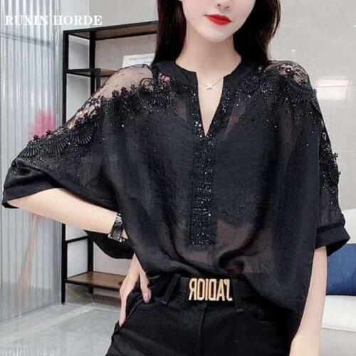 2021 Spring New Korean Version Of Micro-Transparent Commuter Strapless Short Bat Sleeves V-Neck Hot Diamond Loose T-Shirt