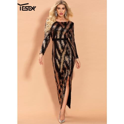 Yesexy 2021 Elegant O Neck Long Sleeve Sequins Women Maxi Dresses Split High Waist Backless Bodycon Female Party Dresses MC203