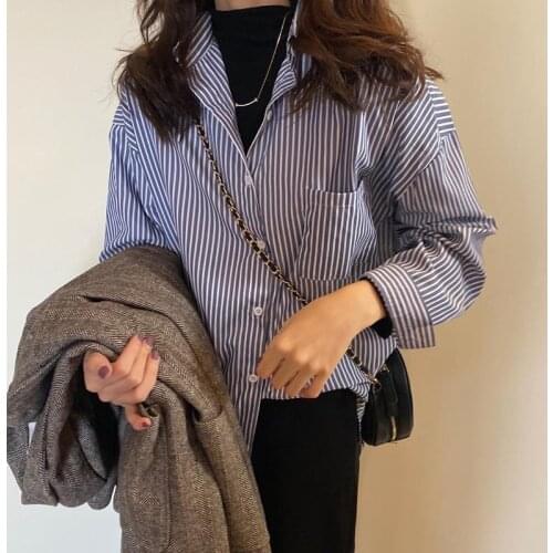 Autumn 2020 Loose Long Sleeve Striped Shirt Retro Top Blusas Ropa De Mujer