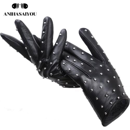 Rivets Genuine Leather Sheepskin womens gloves Thin warm womens winter gloves driving motorcycle womens leather gloves-7017
